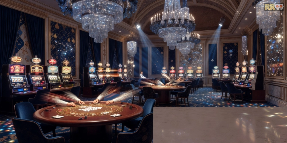 Hình ảnh nội thất sang trọng của Golden RR99 Palace với bàn chơi bài và máy slot hiện đại.