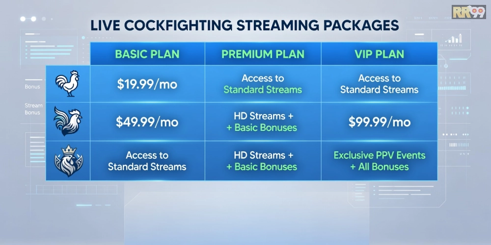 Hình ảnh bảng giá các gói xem đá gà trực tiếp casino rr99 cập nhật 2025 với ưu đãi hấp dẫn
