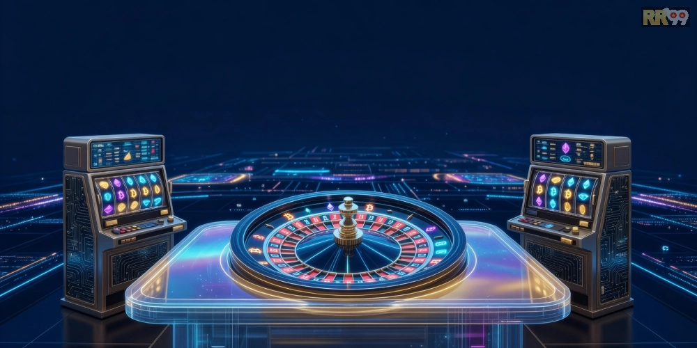 Minh họa khái niệm crypto casino rr99 với giao diện hiện đại và biểu tượng tiền điện tử