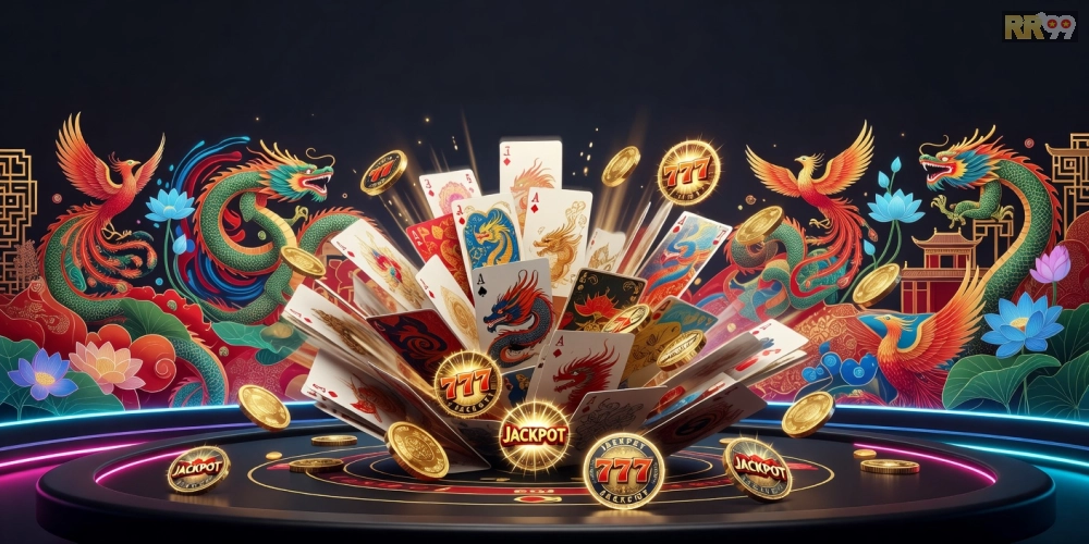Minh họa khái niệm game bài nổ hũ rr99 với các yếu tố jackpot và bài lá cổ điển