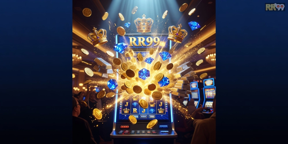 Hình ảnh nổi bật jackpot lớn trong game nổ hũ RR99 với hiệu ứng ánh sáng rực rỡ