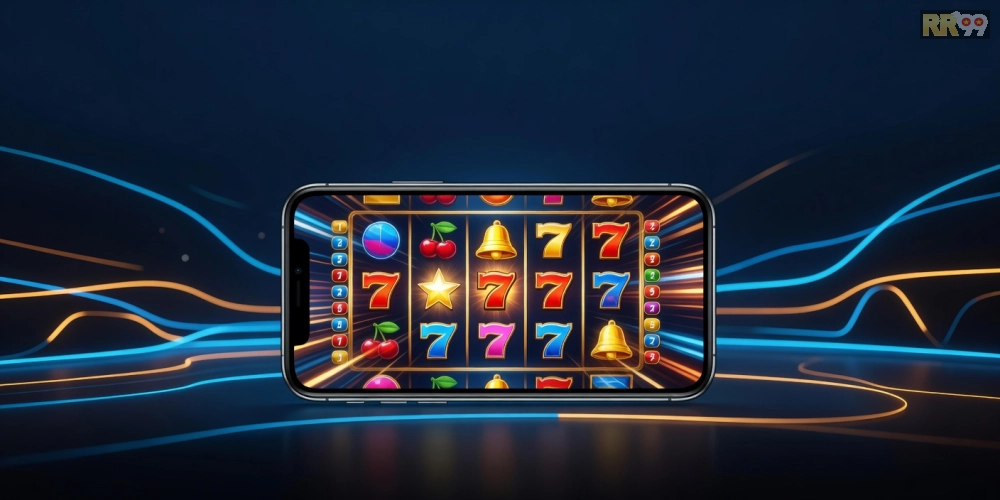 Minh họa khái niệm tải game nổ hũ rr99 với giao diện hiện đại và biểu tượng jackpot