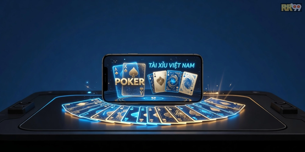 Caption tiếng Việt ngắn gọn 8–16 từ: Hình ảnh minh họa khái niệm game bài đổi thưởng trên nền tảng rr99 với giao diện hiện đại