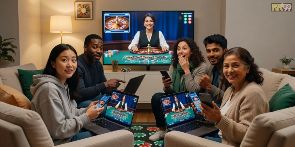 Hình ảnh người chơi tham gia live casino rr99 trên thiết bị di động với không khí sôi động