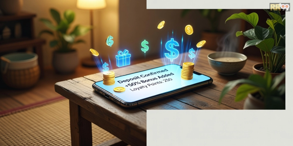 Hình ảnh minh họa bonus nạp đầu tiên trong chương trình tri ân khách hàng RR99 với biểu tượng tiền thưởng