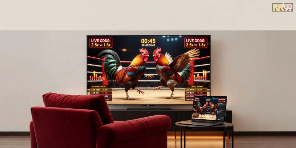 Hình minh họa khái niệm xem đá gà trực tuyến với giao diện hiện đại và các trận đấu sống động