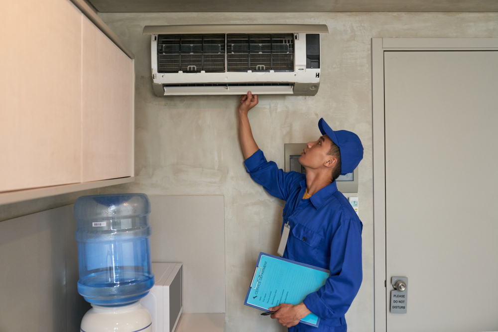 Air conditioning technician checking air conditioner
