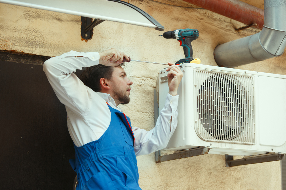 hvac technician installing an air conditioner unit